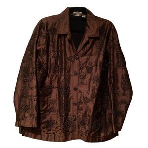 Chico’s Design 100% Silk Embroidery Blazer Jacket Size 2 (Large) Brown Beaded